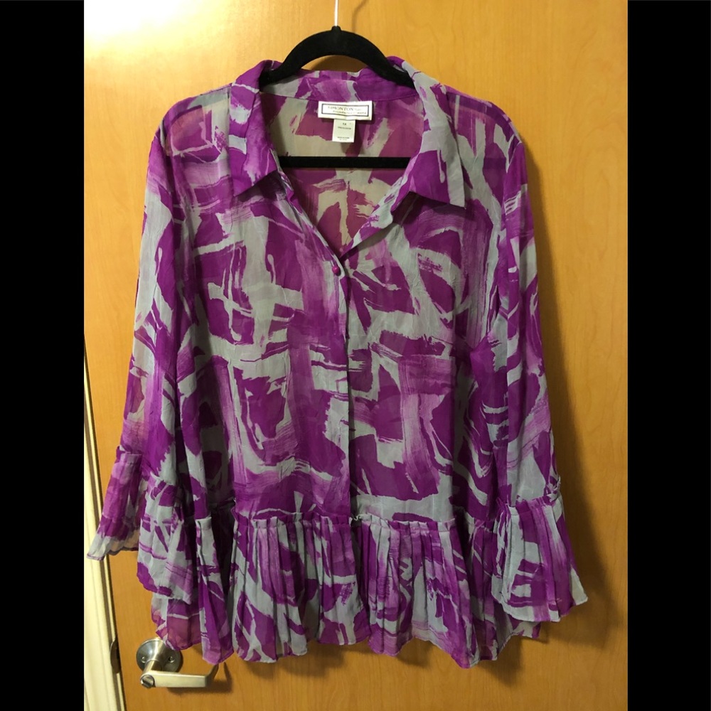 SemiSheer top, flounce sleeve & hem 1x